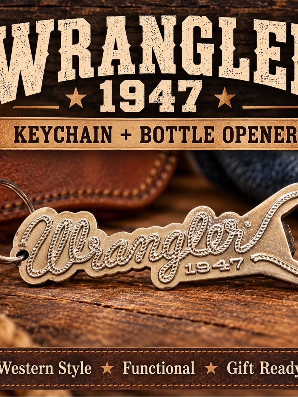 Wrangler 1947 Metal Keychain Bottle Opener – Western Cowboy Style